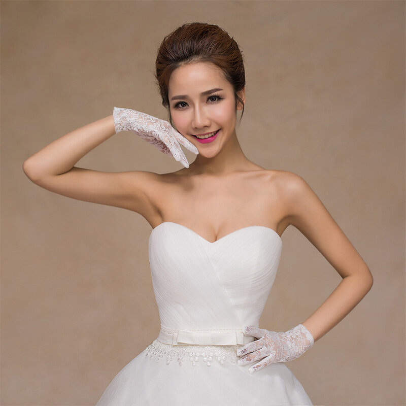 Molans Satin Bridal Gloves Short Lace Trim Ivory Wedding Bridal Accessory Wrist Length Wedding Glove 4 Color