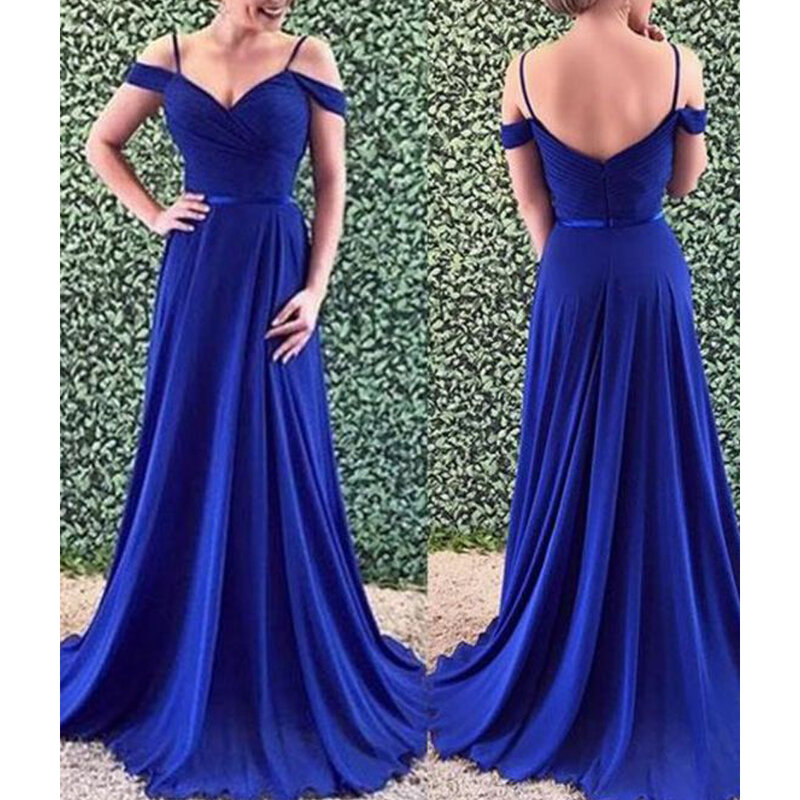 Vestidos de baile azul-reais 2020 com ombro a ombro, pregas, linha, chiffon, comprimento até o chão, vestidos de noite, formatura