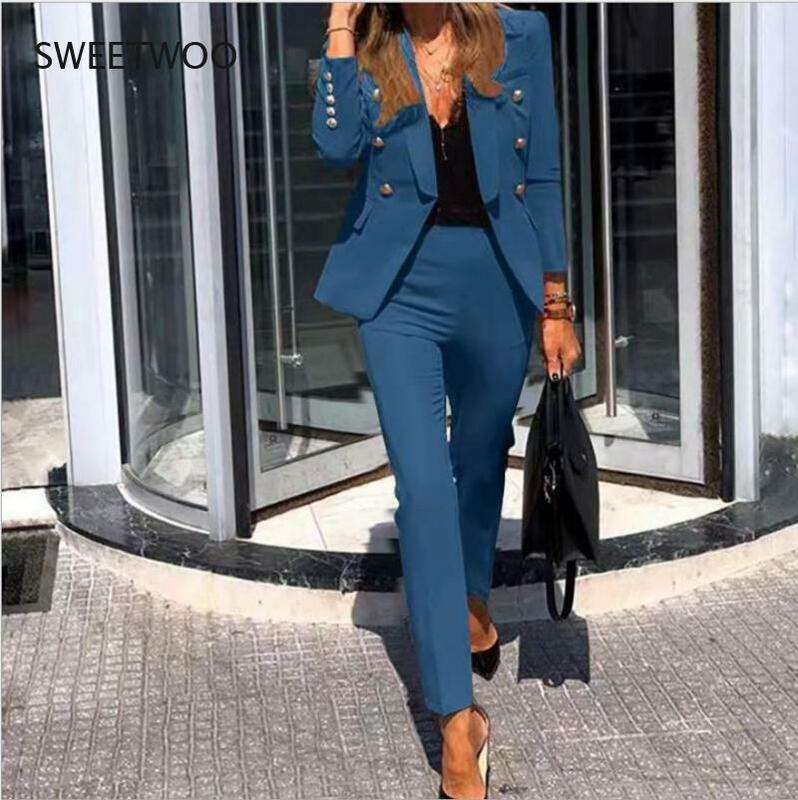 2021 Women Fashion Solid Color Blazer Elastic Pants Suit Office Lady Slim Elegant Pants Set Red All Match Commute Casual Wear