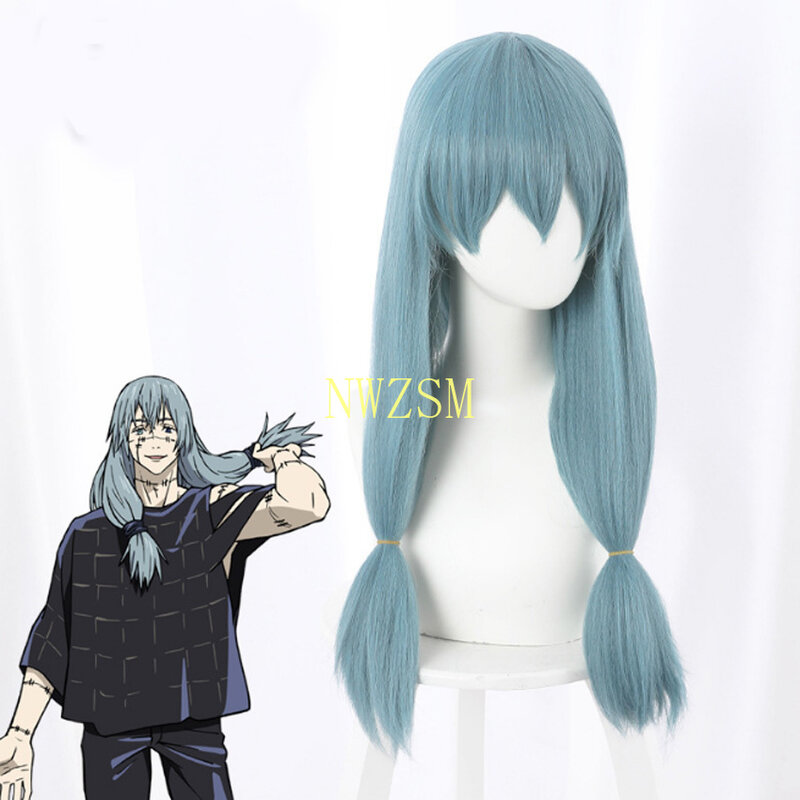 Jujutsu Kaisen Mahito-شعر مستعار تأثيري اصطناعي ، شعر أزرق مقاوم للحرارة ، جديلة مزدوجة ، إكسسوارات تنكرية