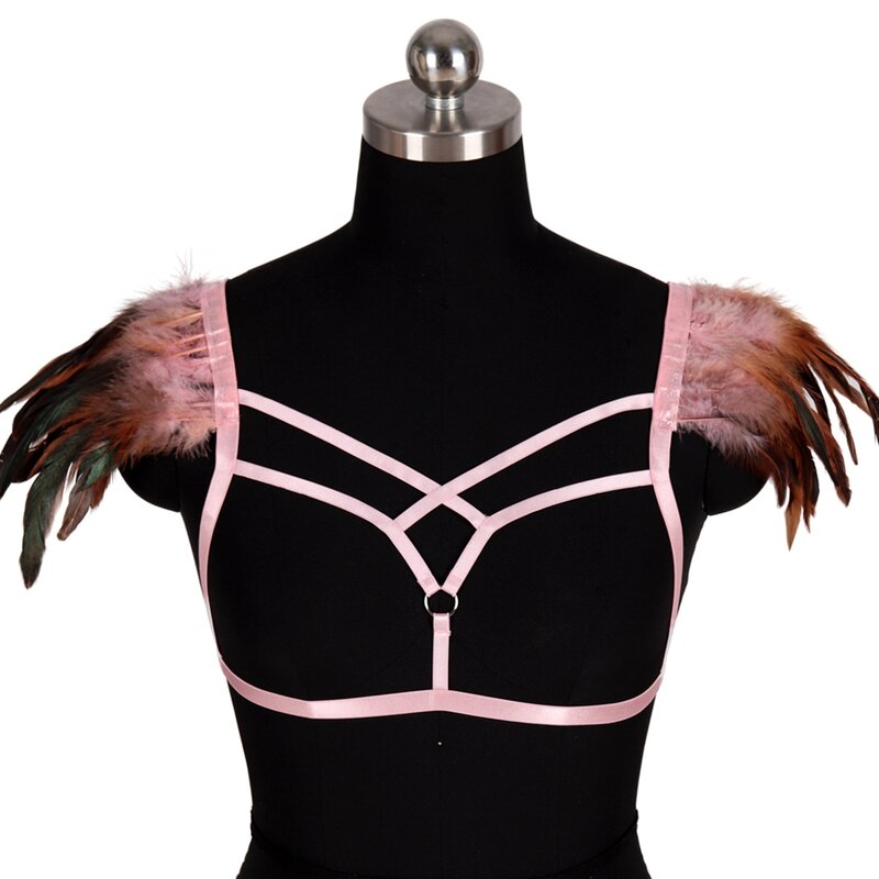 Acessórios de penas halloween rave fetiche lingerie bondage topos gaiola sutiã oco arnês roupa interior feminina estilo gótico cosplay