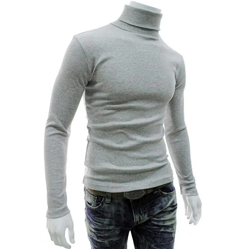 Camisa de algodão com gola de tartaruga, pulôver masculino de cor sólida para outono e inverno com caimento fino