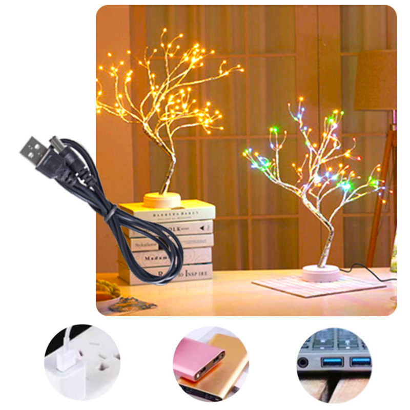 Mini árbol de Navidad de alambre de cobre para niños, lámpara LED de noche para decoración del hogar, dormitorio, guirnalda alimentada por USB