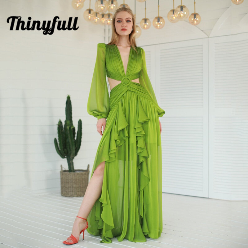 Thinyfull Green Simple Prom Dresses V-neck Irregular A Line Floor Length Puff Sleeve Hollow Out Evening Party Gowns Custom Size