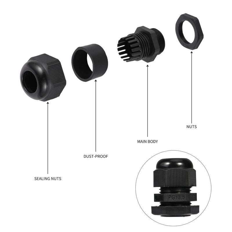 10pcs Waterproof Cable Gland Cable Entry Ip68 Adjustable Locknut Pg7 Pg9 Pg11 Pg13.5 Pg16 Black Nylon Plastic