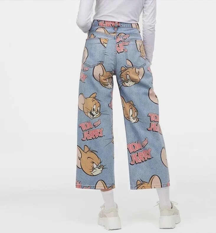 Pantalones vaqueros holgados con diseño de gato y ratón de dibujos animados vintage con cintura alta para mujer
