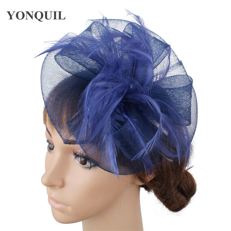 Темно-синяя пряжа, сетчатая ткань, Женские аксессуары для праздника, украшение для волос с перьями, головной убор для вечерние ринки