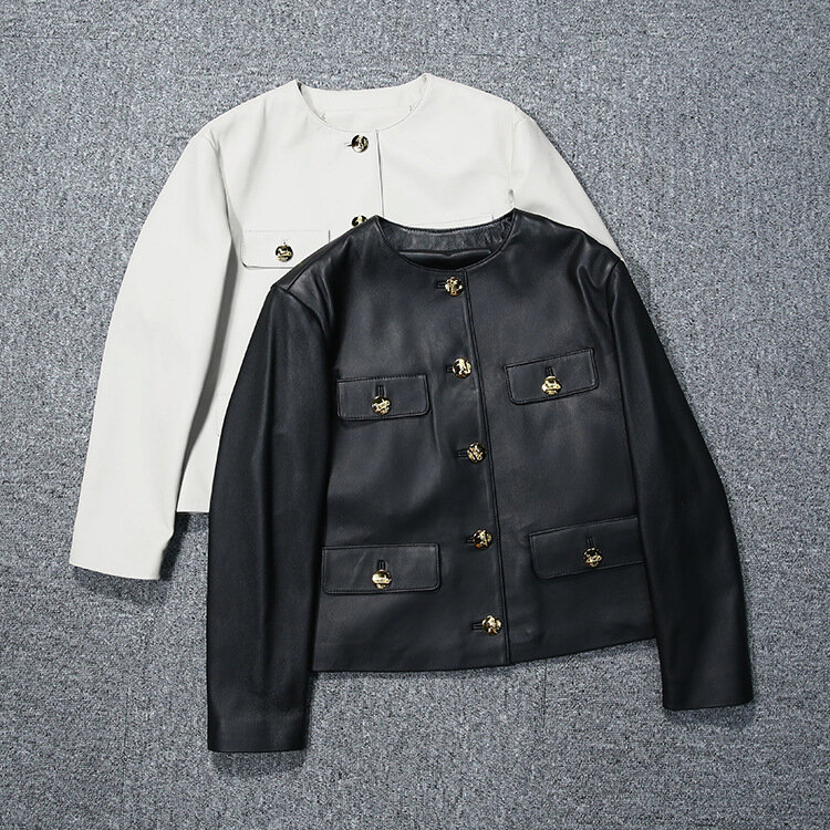 Женская демисезонная куртка из натуральной кожи с круглым вырезом C877