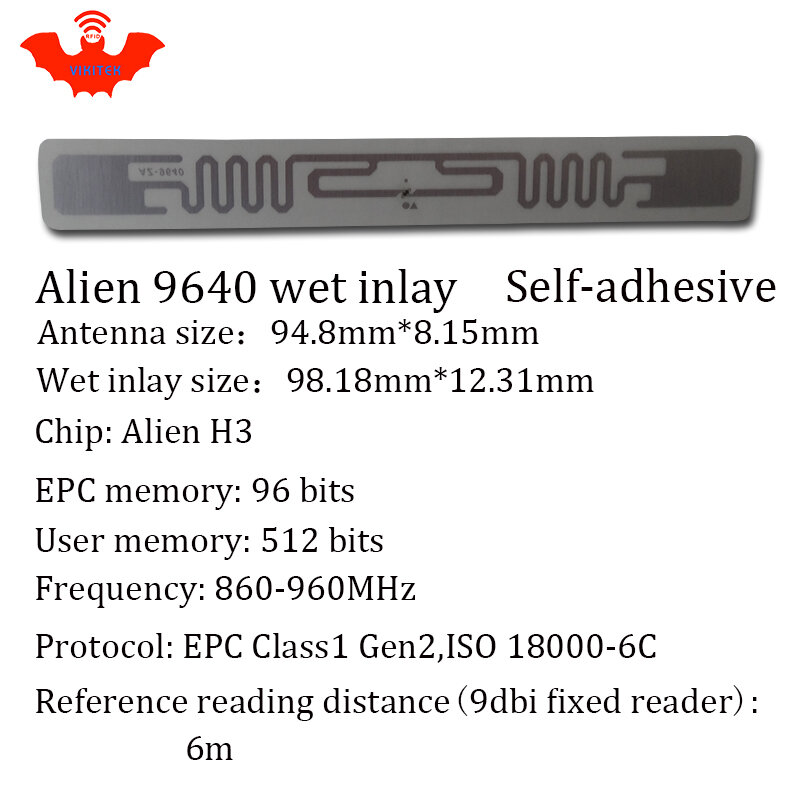 Alien autorisé-autocollant UHF 9640 | Incrustation humide RFID 860-960MHZ, Higgs3 EPC C1G2, en lots, peut être utilisée pour étiquettes et étiquettes RFID
