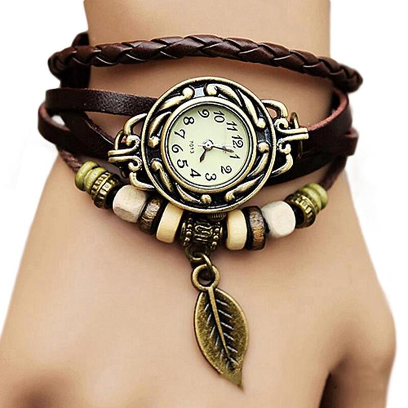 Vintage Womens Horloge Faux Lederen Horloge Armband Boom Blad Hanger Weave Bandage Quartz Horloge Klok