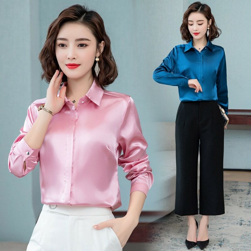 Elegant Office Ladies Work Shirt Women Blouse Long Sleeve Lapel Hidden Buttons Bright Basic Satin Silk Women Shirt Female Tops