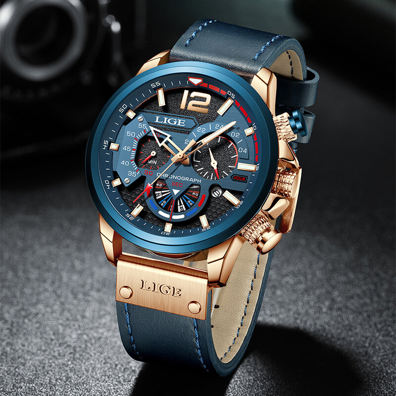 LIGE jam tangan bisnis pria, arloji Quartz kulit asli tahan air untuk lelaki