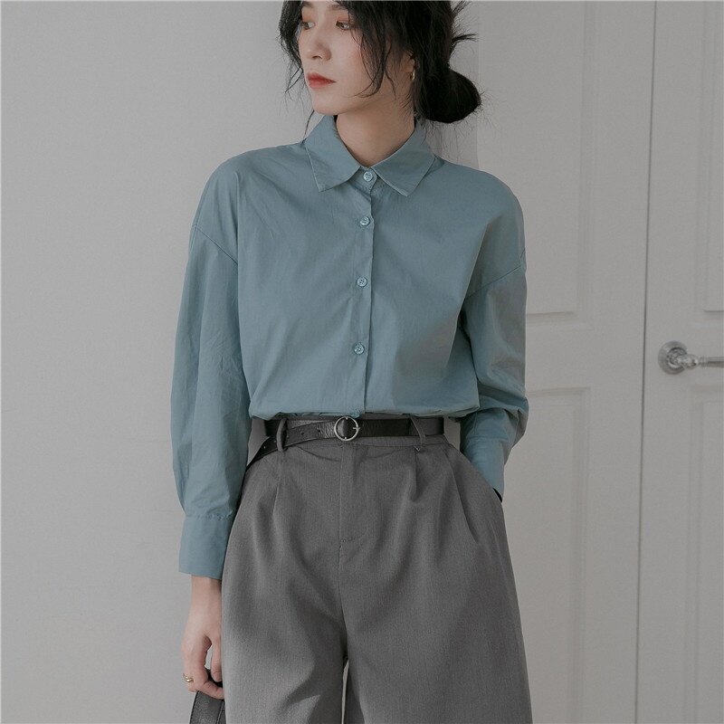 Blusa feminina de manga comprida, camisa extragrande feminina primavera 2021 cores sólidas
