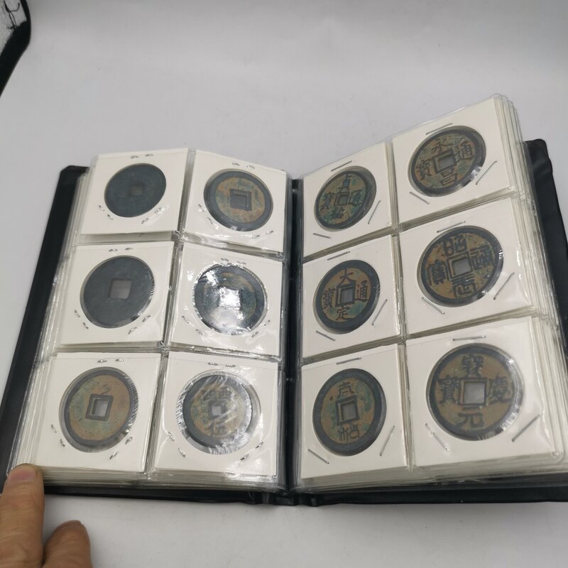 Coleção antiga cobre moeda livro contendo moeda de cobre buraco quadrado verde bordado cobre moeda coleção 60 peças