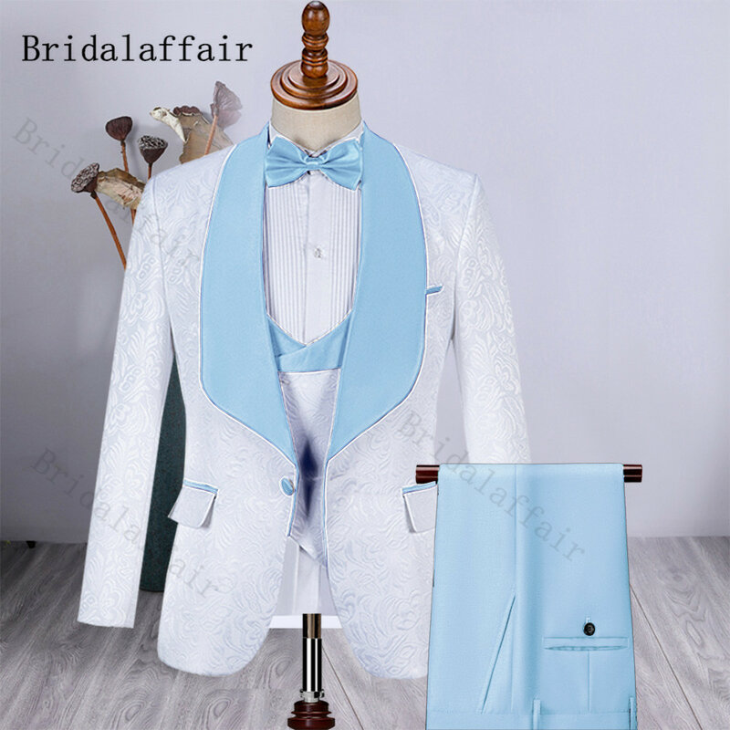 Bridalaffair Customize Sky Blue Lapel Handsome White Groom Tuxedos Groomsmen Man Suit Mens Wedding Suits(Jacket+Pants+Vest)