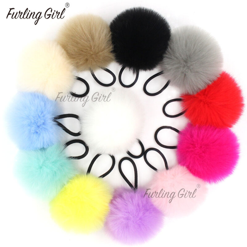 Furling Girl-Faux Rabbit Fur Pompoms Borracha Elastic Hair Bands, Soft Hand Made Bola, Scrunchies, Acessórios para Cabelo, 8cm, 1Pc