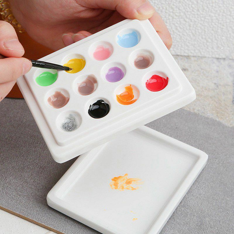 12-bem mini imitam a paleta cerâmica da pintura da aguarela com pálete plástica da tampa para a pintura do prego do gouache