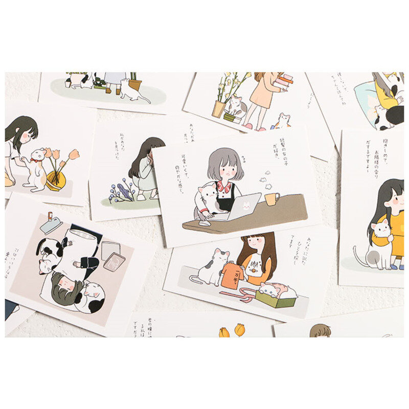 28pcs Small Postcard Girl Cat Daily Life Message Card Writable Bookmark Greeting Letter Photo Lomo Small Paper Stationery Gift