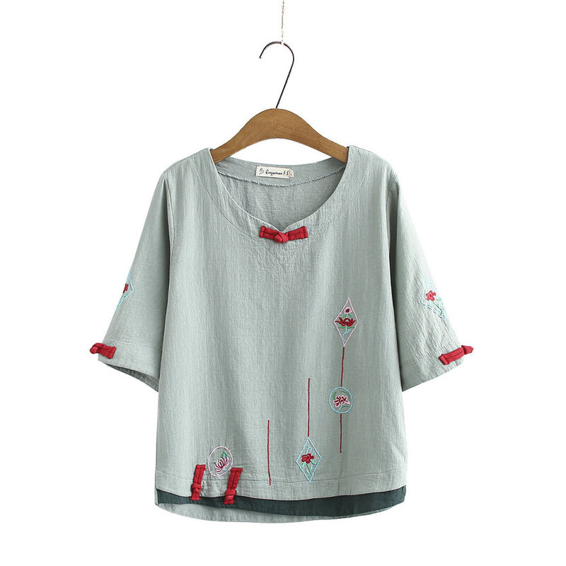 Blusas de lino y algodón de diseño Vintage de verano para mujer, blusas con botones bordados de color rosa, azul, verde y rojo, estilo chino 2020