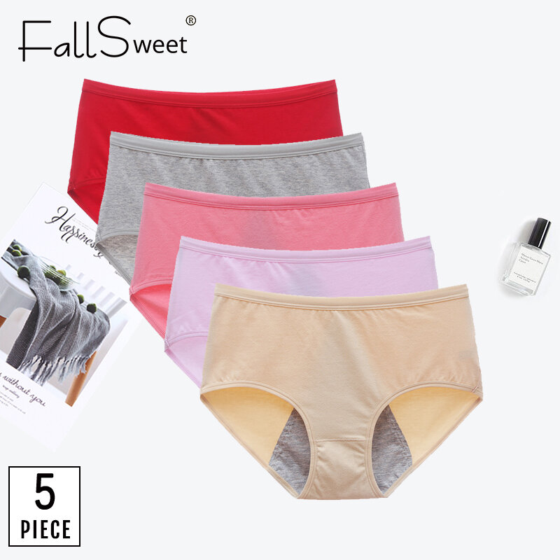 FallSweet 5 PCs/lot! 중간 허리 생리혈 팬티, 누출 방지 속옷, 섹시한 기간 팬티, 여성 XXXL