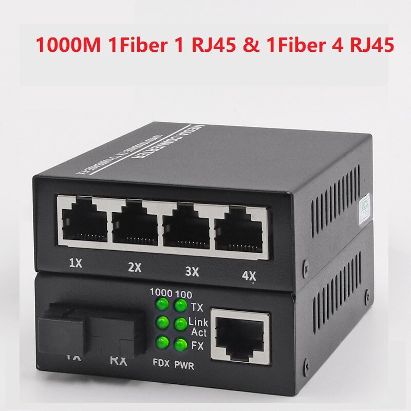 Conversor de mídia de 1 par, porta de fibra ethernet rj45, 100/1000m, fibra ótica gigável, transceptor de modo único, 20/25km