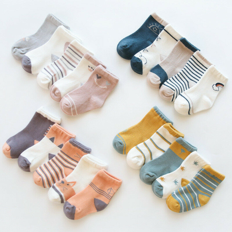 Lot de 5 paires de chaussettes en coton pour bébé garçon et fille, vêtement pour nouveau-né, automne et hiver