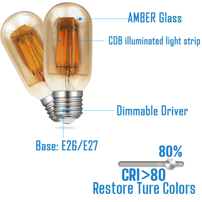 Pack of 8 Dimmable Amber Tubular Glass Bulbs 4W-8Watts Led Antique E27 E26 Retro Lamp 110V 220V Filament Bulbs Decorative Lamp