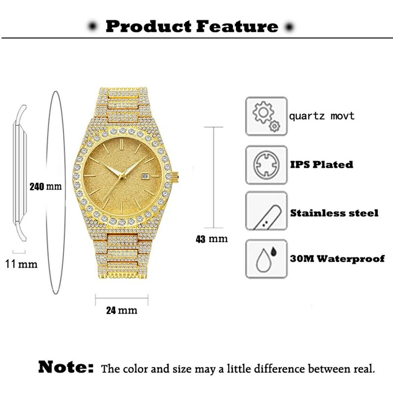 Relógio analógico à prova dwaterproof água para homem casual quartzo relógios masculinos hip hop gelado bling diamante reloj hombre presente