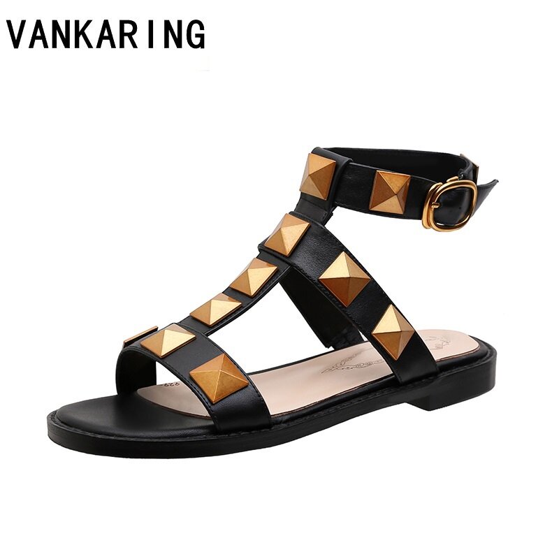 genuine leather women sandals 2023 new brand shoes low square heel black white dress casual rome rivets shoes gladiator sandals