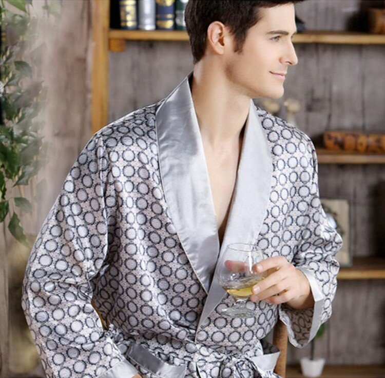 ผู้ชาย Robe ชุดนอน Nightgown ซาติน Kimono เสื้อคลุมอาบน้ำชุดลำลองชุดนอน Plus ขนาดพิมพ์หน้าแรก Dressing Gown 3XL 4XL 5XL