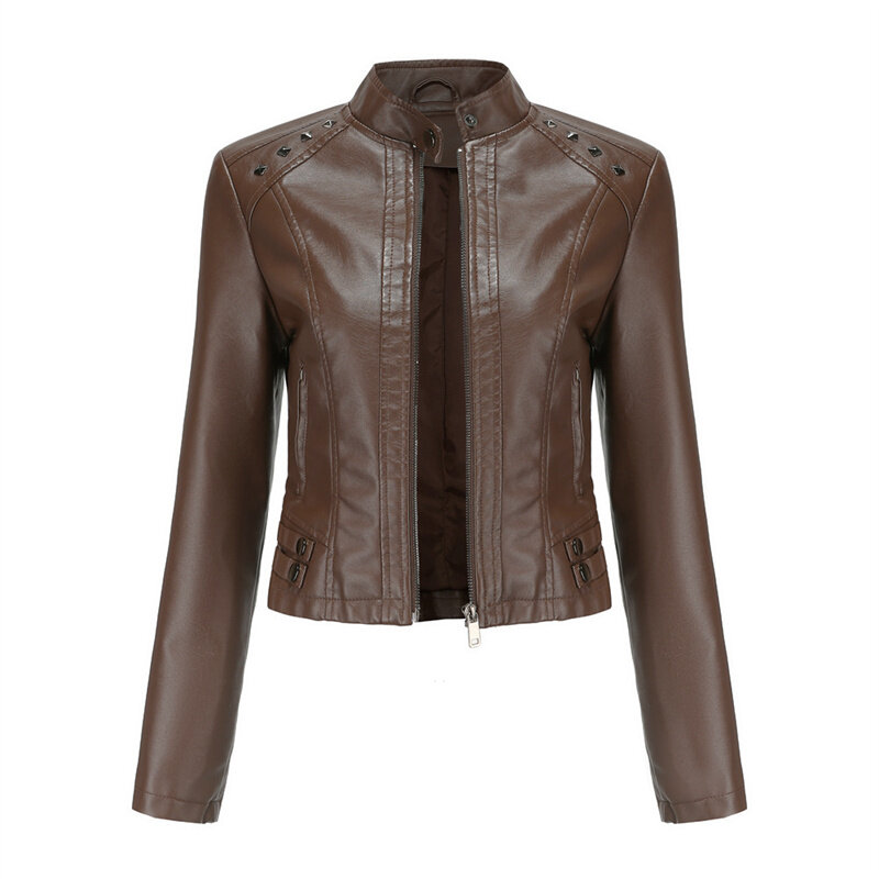女性のためのファッショナブルな革のジャケット,2021コレクション,スリムなショートスタイル,リベット付きのオートバイのコート
