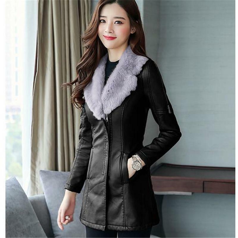 Medium Syle Fur collar Leather Coat thick  New Winter Warm Jacket Women PU Leather Coat Female Overcoat