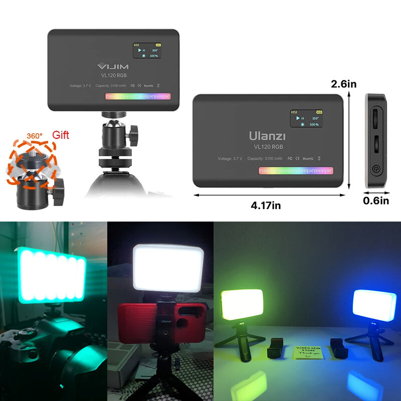 Ulanzi-مصباح فيديو بألوان كاملة بألوان RGB ، إضاءة ليد للتصوير الفوتوغرافي ، ضوء كاميرا خافت ، مصباح تعبئة فيديو مباشر ، VL120 ، K إلى شاف