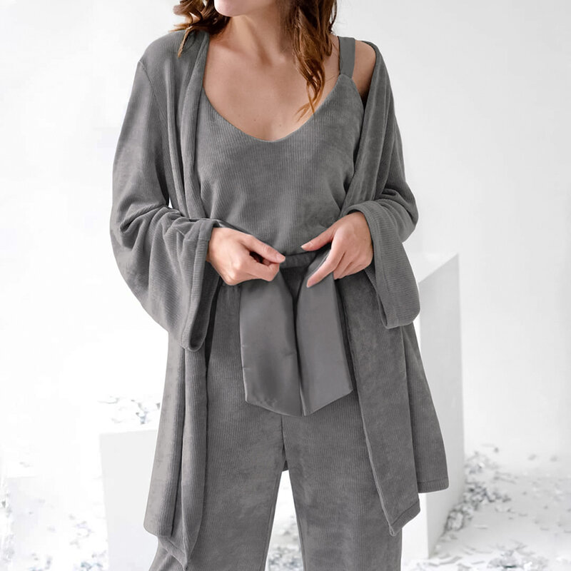 Hiloc-Conjunto de pijama acanalado para mujer, de 3 piezas camisola, pantalones, camisón tejido, con cordones