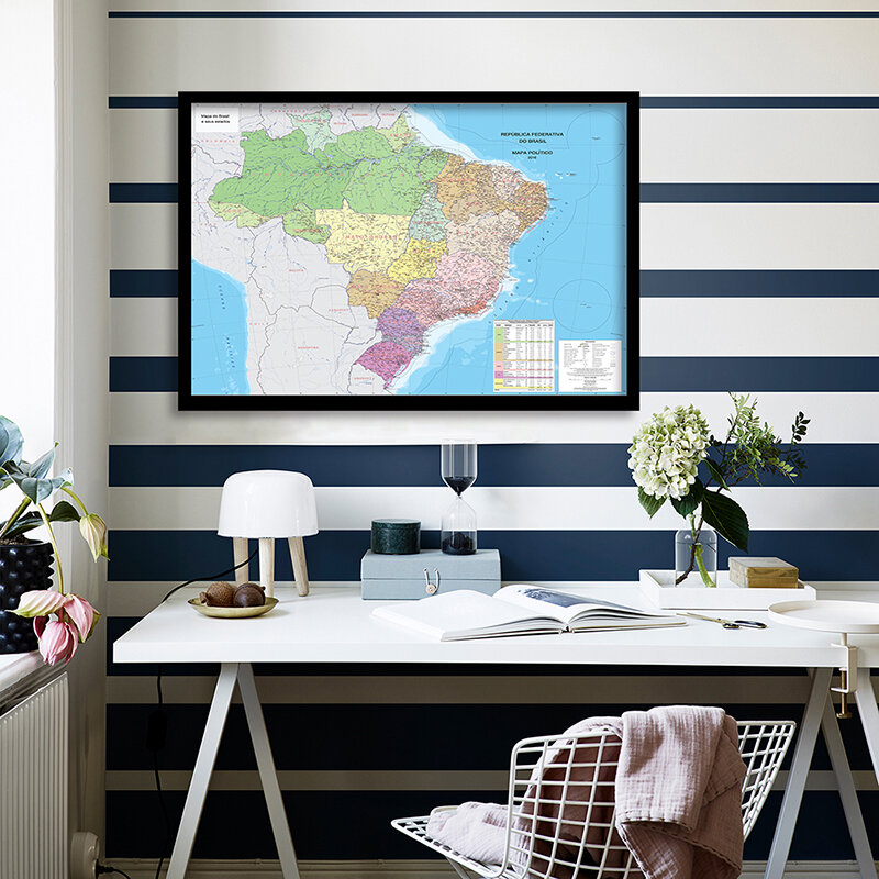 Póster sin marco para escuela, oficina y hogar, mapa del mundo política de Brasil, 90x60cm, en lienzo, en portugués