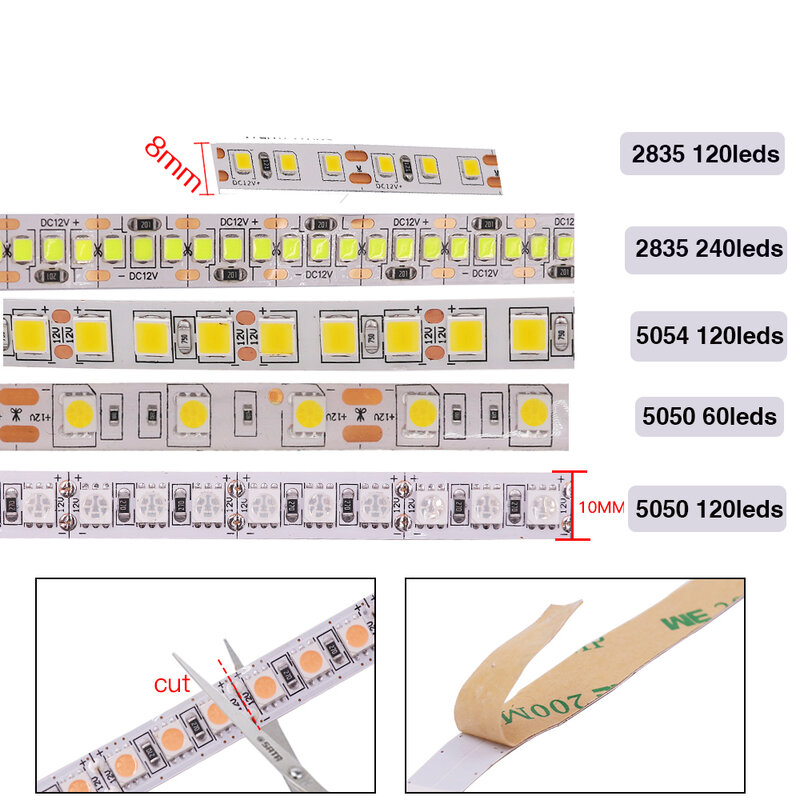 Alta Bright flexível LED corda fita luz, lâmpada, branco quente, branco frio, DC12V, 5050, 5054, 2835, 240LEDs por m, 5m