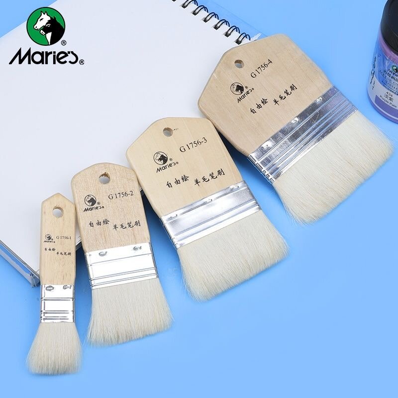 Maries Flat Goat Hair Short Wooden Handle Hake Paint Brush Scrubbing Painting Brush For Gouache Acrylic Oil Painting Art
