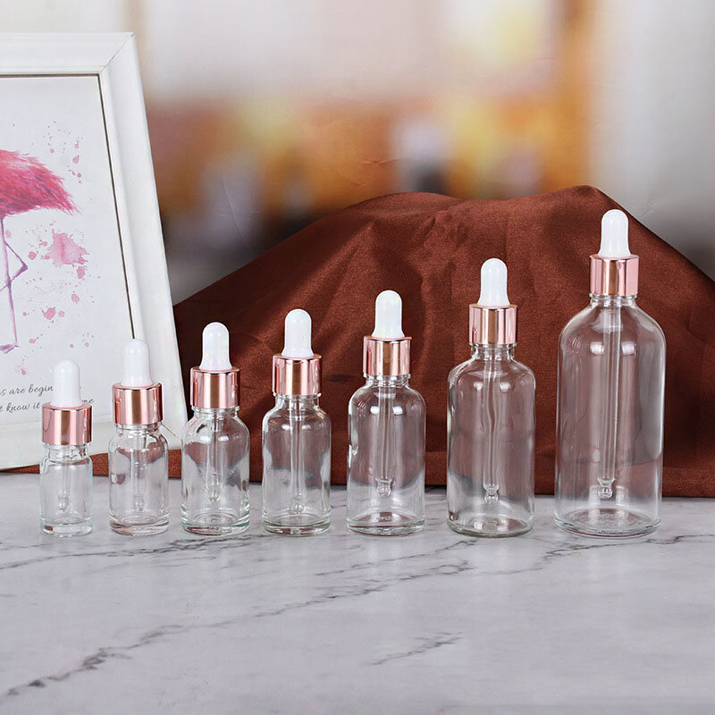 Tubi da 5-100ML liquido per aromaterapia in vetro contagocce trasparente per pipetta di olio essenziale per massaggi bottiglie riutilizzabili coperchio in oro rosa