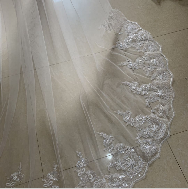 ผ้าคลุมหน้างานแต่งงานสีขาวงาช้างแต่งงาน Wedding Veils Long Lace Edge ผ้าคลุมหน้าเจ้าสาวด้วยหวีอุปกรณ์จัดงานแต่งงานเจ้าสาว Veu
