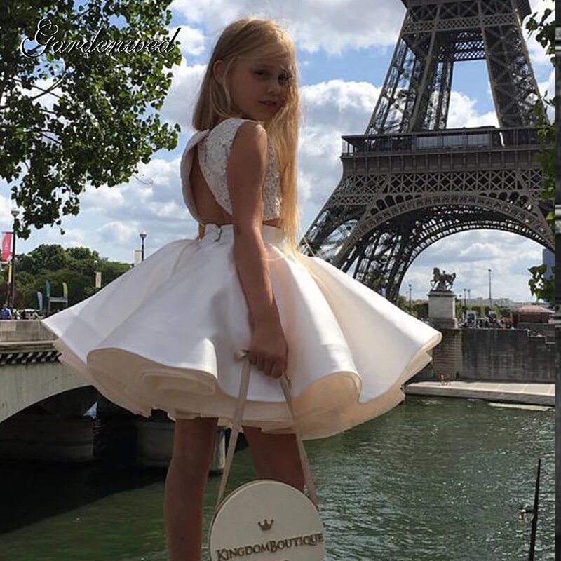 Милое Пышное Платье принцессы из двух предметов для девочек, кружевное атласное многослойное Тюлевое детское вечернее платье, кружевное бальное платье с аппликацией, платья знаменитостей