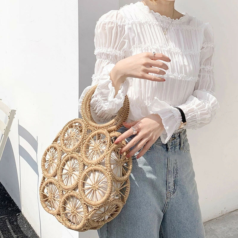 Vintage Hollow Straw Bags For Women Designer Wooden Handle Rope Woven Handbags Rattan Summer Beach Large Totes Lady Bali Purses