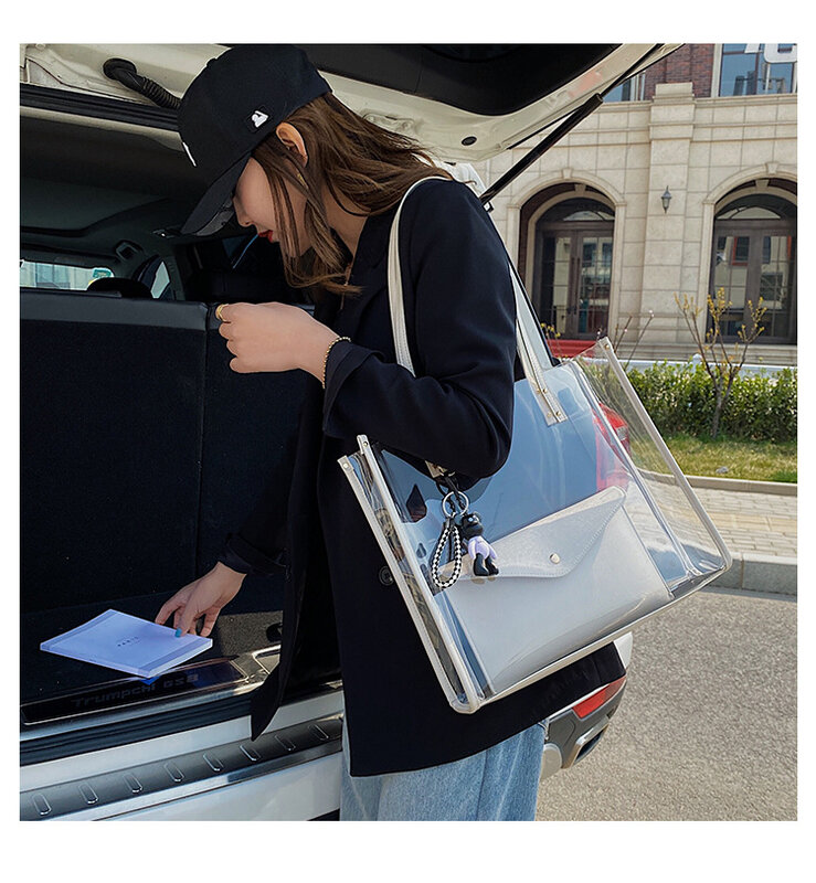 대용량 클리어 여성 핸드백 2021 여름 해변 여행 토트 백 투명 젤리 숄더백 쇼핑 핫 XA70E