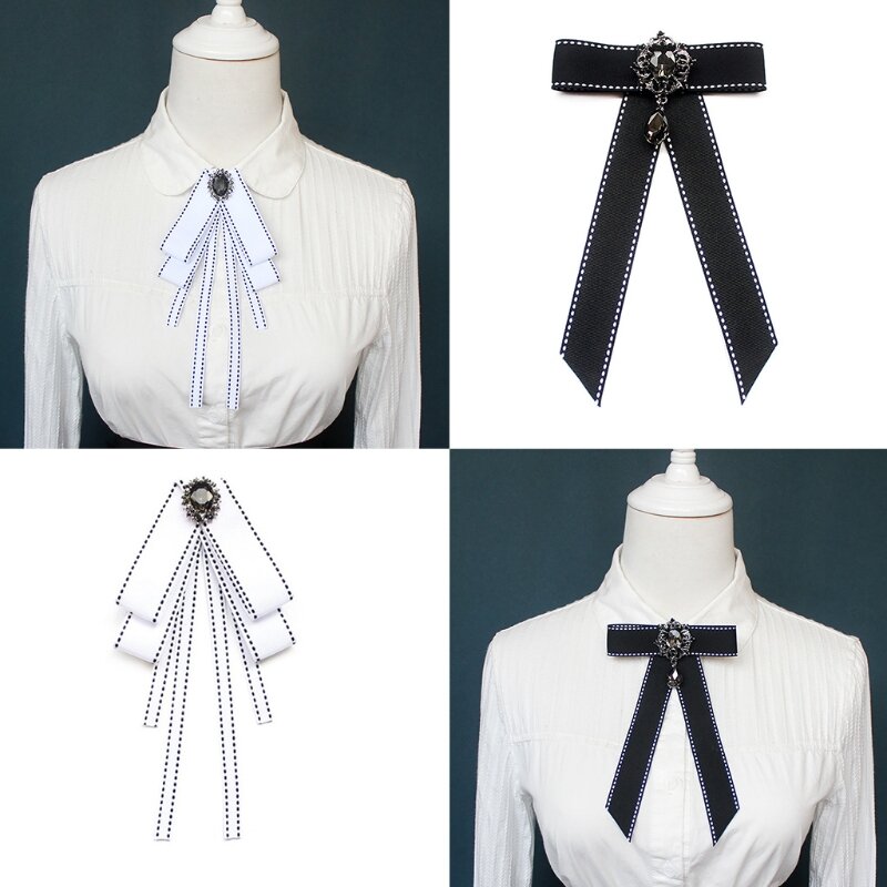 Vrouwen Vintage Elegante Pre-Gebonden Hals Tie Broche Imitatie Parel Sieraden Lint Strikje Corsage Voor Kraag Kleding