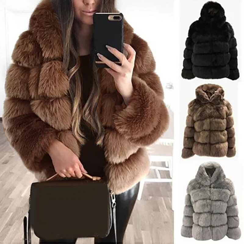 Abrigo grueso con capucha para mujer, chaqueta de piel sintética de manga larga, abrigo corto de felpa, color sólido, cálido y esponjoso, Invierno