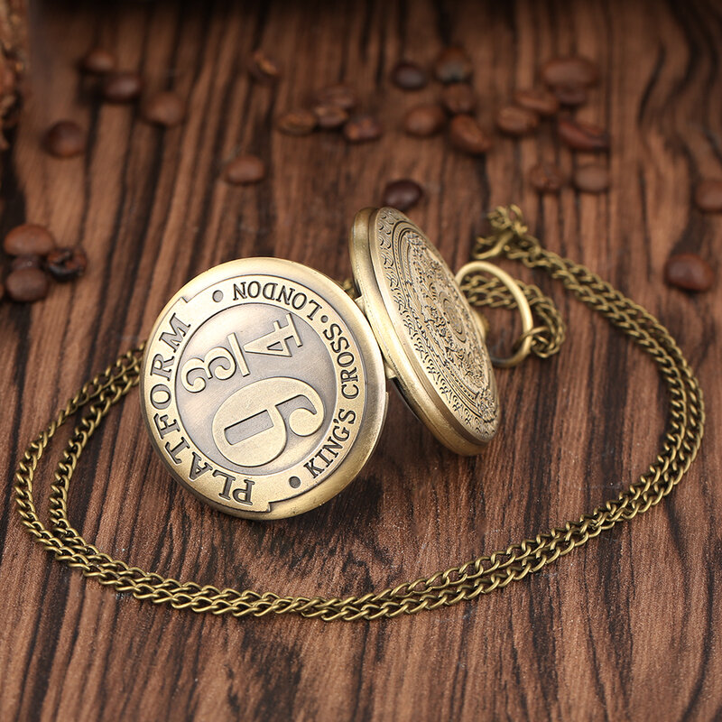 9 3/4 Pattern Retro Bronze Quartz Pocket Watch Anzlog Arabic Numerals Dial Slim Chain Pendant Necklace Gift for Women Men