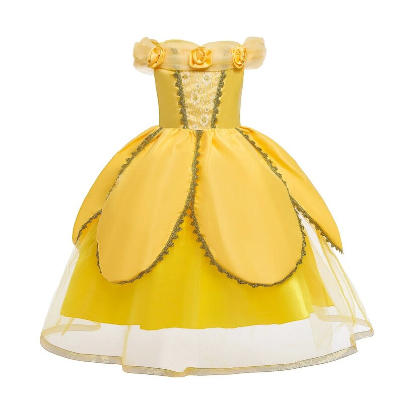 Cosplay Belle Princess Dress para meninas, fantasia infantil, roupas de festa, bastão mágico, coroa, vestidos para crianças, 2023