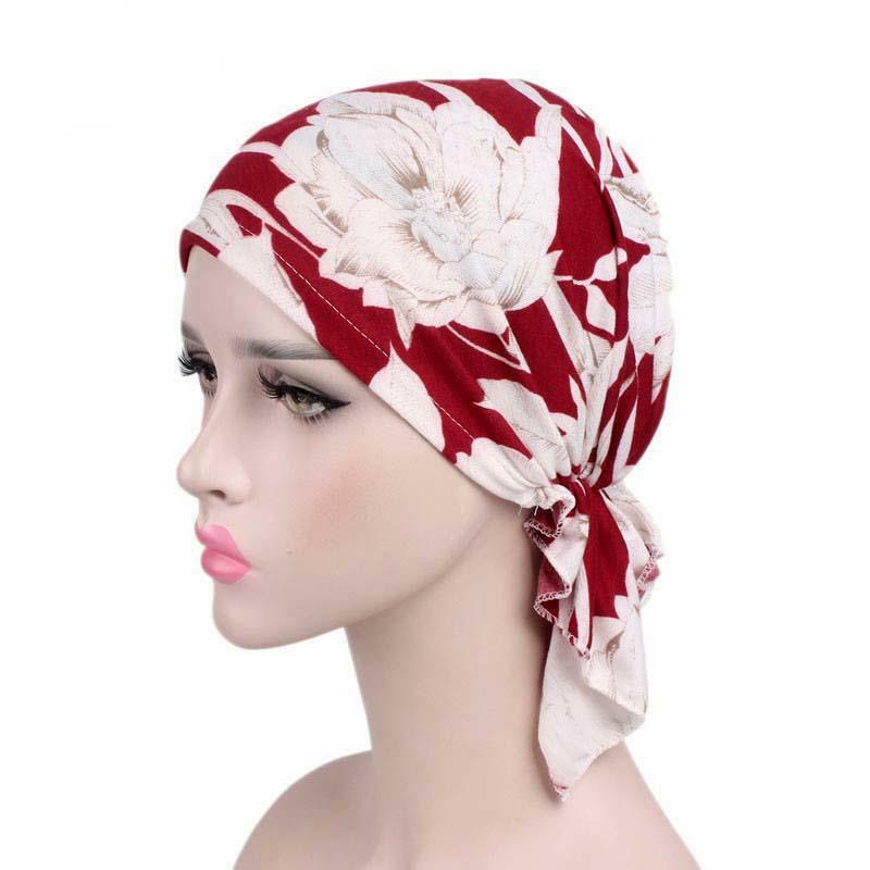 Gorro de quimio musulmán con volantes para mujer, turbante con estampado de flores, bufanda, novedad de 2024