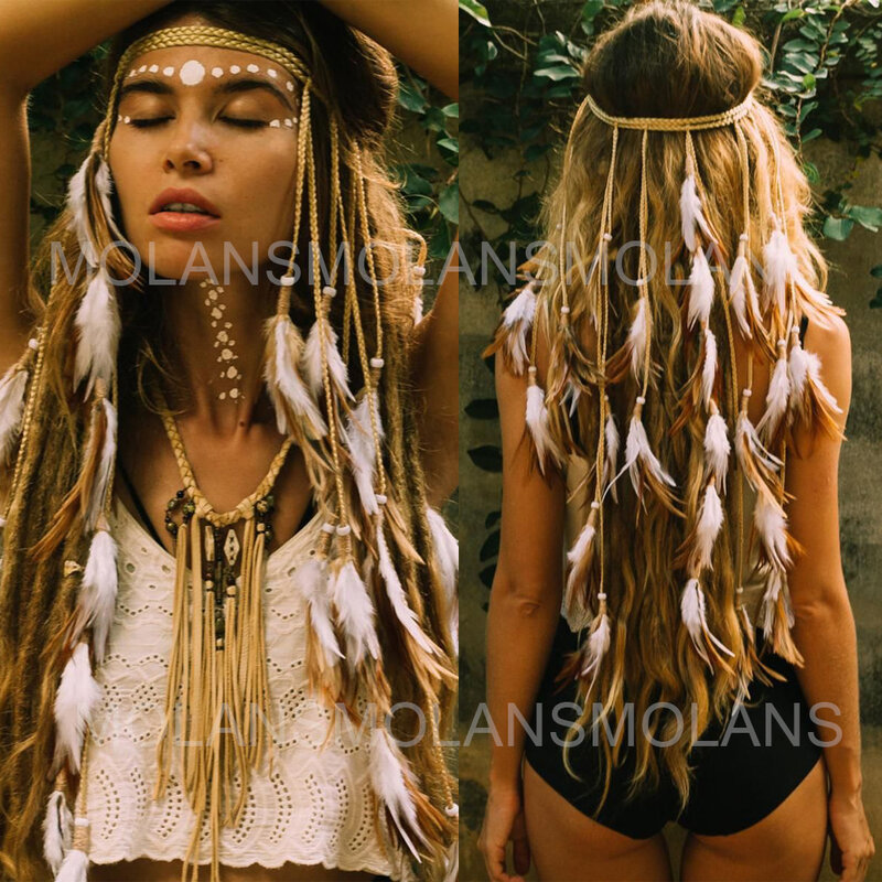 Molans New Bohemian Feather Headband Scrunchies Elastic Hair Bands Women Girl Weaving Hair Accessories Hair Rope Gum Rubber Band