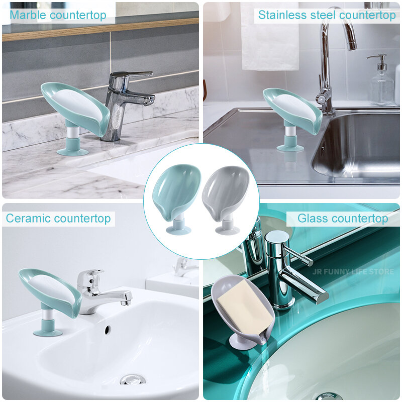2PCS Jabonera baño portátil de plástico con ventosa para baño, soporte para jabón de hojas, bandeja de la esponja, accesorios para cocina y baño