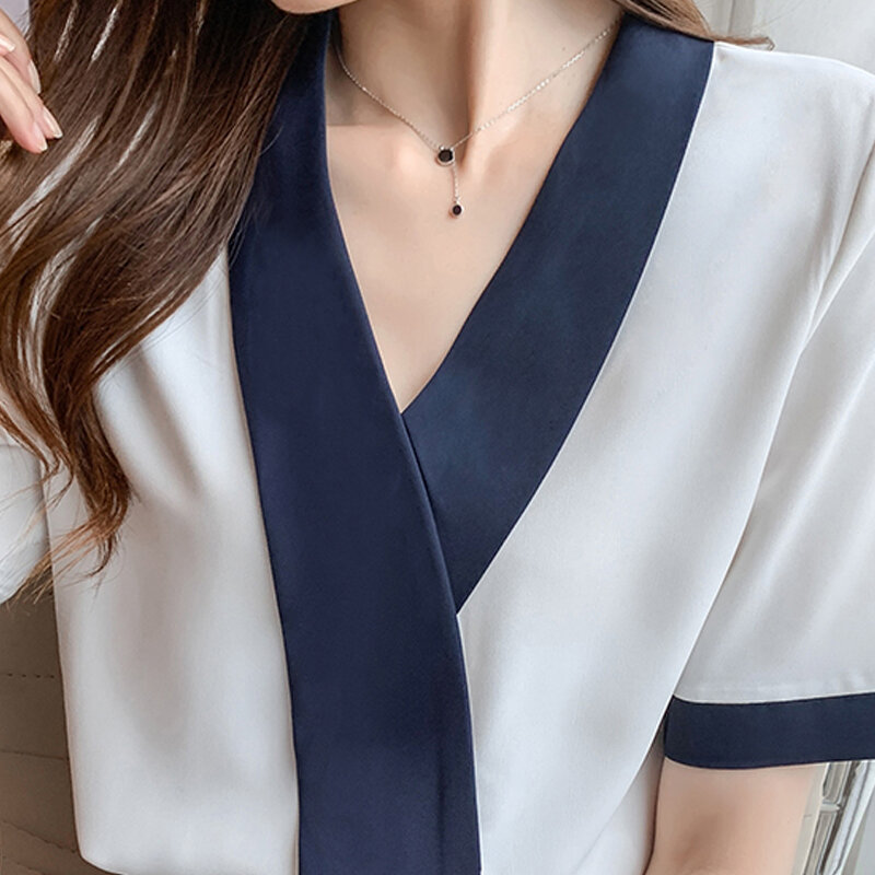 2021 nuevo color camisa diseño sentido nicho gasa camisa de las mujeres de manga corta temperamento camisa de cuello de las mujeres 16113